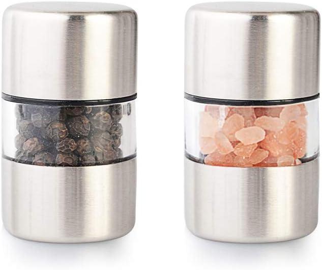 T-mark Premium Sea Salt and Pepper Grinder Set - Spice Mill with Brushed Stainless Steel, Small Portable Ceramic Salt & Pepper Shakers (4-Pack)