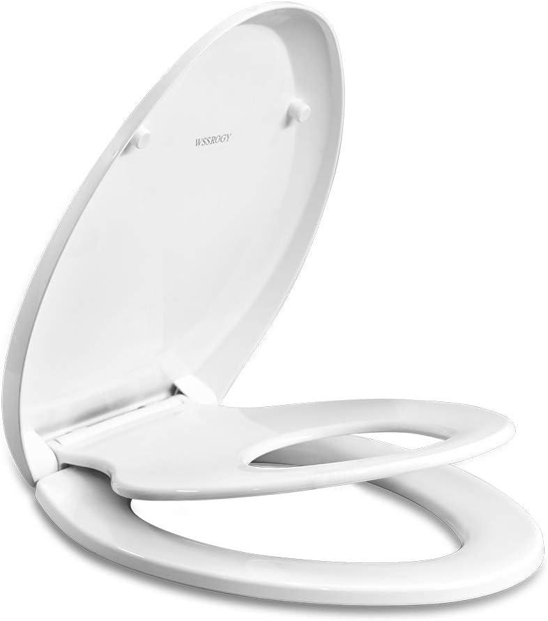 Elongated Toilet Seat with Toddler Seat Built In, Slow Close, Fits both Adult and Child, Potty Training Seat, Magnetic Kids Seat and Cover, Plastic, White