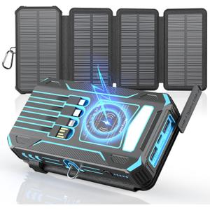 Solar Charger Power Bank 49800mAh Wireless Portable Phone Charger Built-in 4 Cables and 4 Solar Panels,12W QC3.0 Fast Charging USB-C Battery Pack for iPhone with Flashlight for Camping Travel