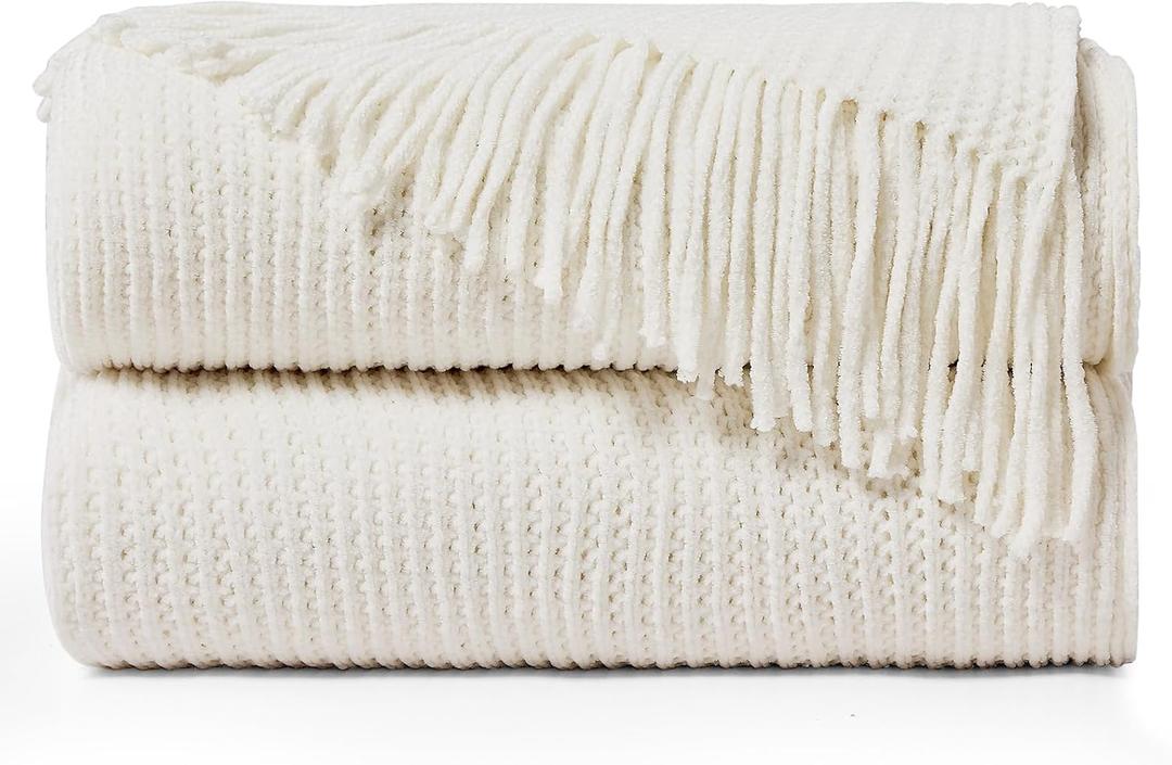 inhand Throw Blanket for Couch Bed,Chunky Chenille Woven Soft Blankets with Tassels,Cozy Boho Farmhouse Spring Summer Fall Decor,Warm Knitted Gifts for Women,50"x60",Medium Thick-Off White
