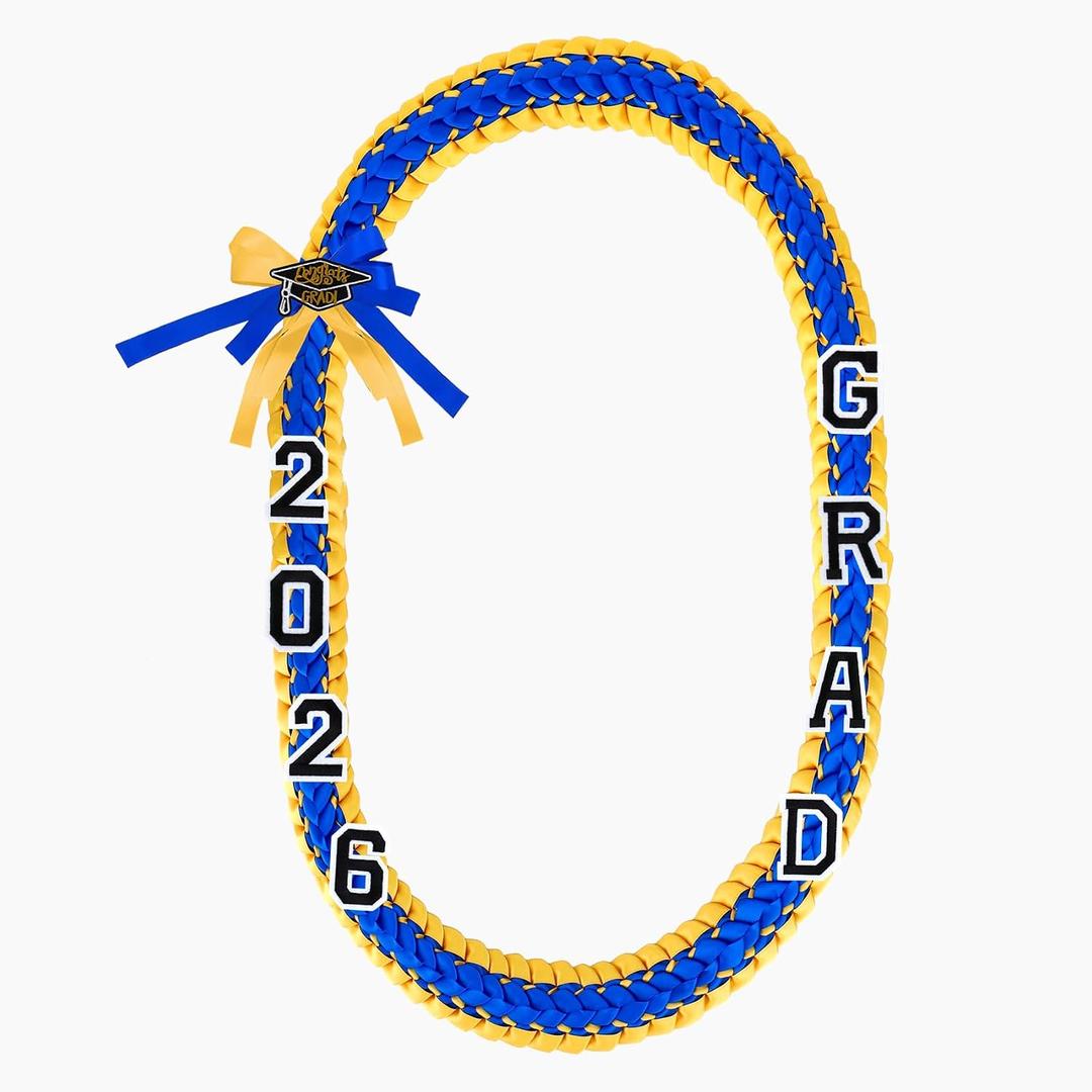 Graduation Lei Class of 2026 - Blue and Gold Grad Lei Graduation Ribbon Leis with Pins, Grad Necklace Gifts for Women Men, Graduations Accessories for Students Bachelor Master or PhD Gown