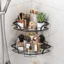 TAILI Suction Cup Corner Shower Caddies, Drill-Free Wall Mounted Baskets, Stainless Steel Rustproof Shower Shelves with Hooks, Large Capacity Removable Suction Cup Bathroom Organizer, Black, 2 Pack