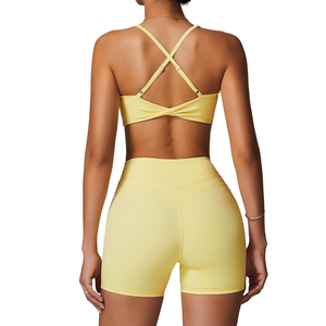 Womens Workout Sets Cross Back Sports Bras Matching High Waist Biker Shorts Yoga Jogger Outfits Work Out Clothes, (Yellow, Small)