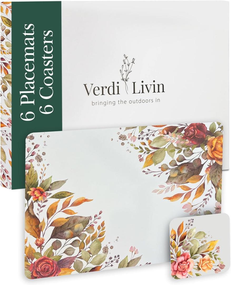 Cork Placemats Set of 6 Matching Coasters I Heat Resistant Place Mats for Dining Table 16" x 12", Cork Backed, Wipeable Autumn Fall Design