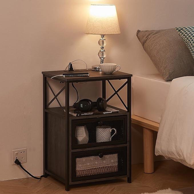 VECELO End Side Tables with Charging Station,Nightstand with 2 Flip Drawers and USB Ports & Power Outlets, Sturdy Metal Frame for Living Room, Bedroom, Set of 1,Charcoal Grey