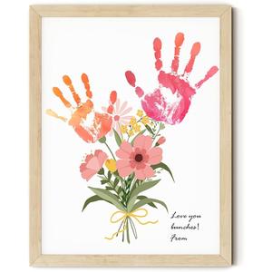 TwoDays Flower Bouquet Handprint Art Craft DIY Kit, Unique Gifts for Mom from Daughter or Son for Mother's Day Birthday Christmas, Gift for Grandma.(12" X 16", with Wood Frame)