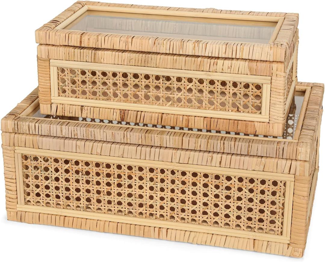 Handwoven Boho Rattan Display Boxes with Glass Lids - Set of 2 Rectangular Decorative Storage Bins - Natural Woven Cane Home Decor Organizers