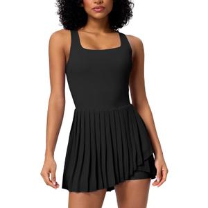 ABOCIW Tennis Dress for Women Square Neck Pleated Athletic Dress with Built-in Shorts & Bra Workout Golf Exercise Dress (Large, Black)