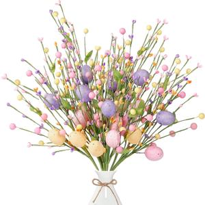 Sggvecsy Artificial Easter Stems 6 Pcs Spring Berry Picks with Eggs Colorful Berries Leaves Twig Branches Sprays for Easter Celebration Arrangement Centerpiece Home Vase Decor