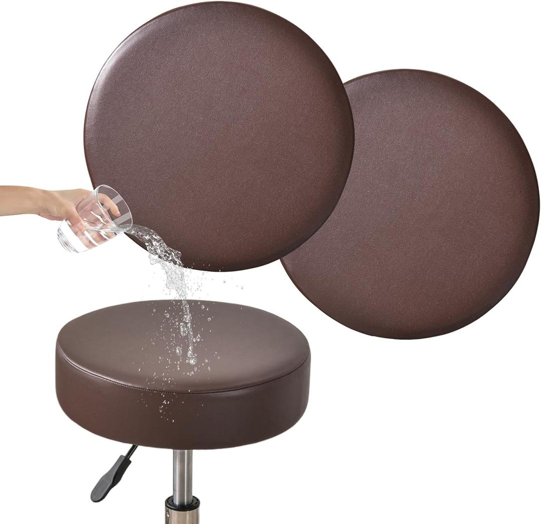 FUANGUI Bar Stool Covers Round Set of 2, Waterproof PU Seat Covers With Elastic Bands, Washable Chair Cushion Slipcover for 12-15 Inch - Coffee