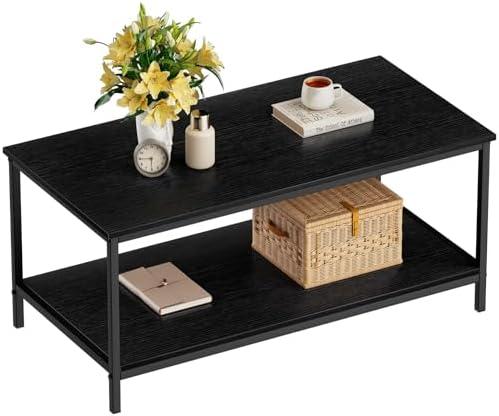 SAYGOER Black Coffee Table for Living Room Modern Rectangle 2-Tier Coffee Tables with Storage Industrial Wood Center Table for Large or Small Spaces Apartment Home Office, All Black