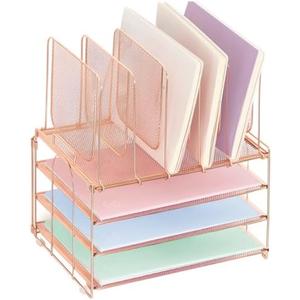 LEKETREE Desk Organizers and Accessories, 3-Tier Paper Organizer with 5 Vertical File Holders, File Organizer for Desk (Rose Gold, 3T)