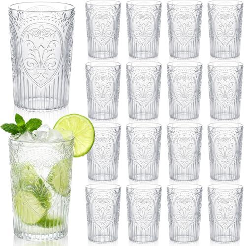 Acellegic Plastic Vintage Drinking Glasses - 16 oz Stemless Ribbed Highball Glasses Bulk Embossed Reusable Cups for Water Beer Cocktails Juice Wedding Bridal Shower Birthday Event Party(Clear,24 Pcs)