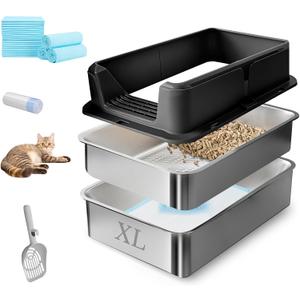 Stainless Steel Sifting Litter Box, 24" x 16" x 12" Extra Large Metal Sifting Cat Litter Box for Pine Pellet, High Sides Metal Litter Box with Lid for Big Cats, Anti-Leakage(Black)