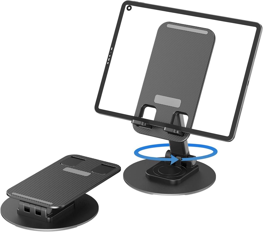 360 Rotating Cell Phone Stand for Desk, Adjustable & Foldable Phone Holder, Aluminum Desktop Phone Stand with Anti-Slip Base, Compatible with iPhone, iPad, Android Phones, K39B-Black