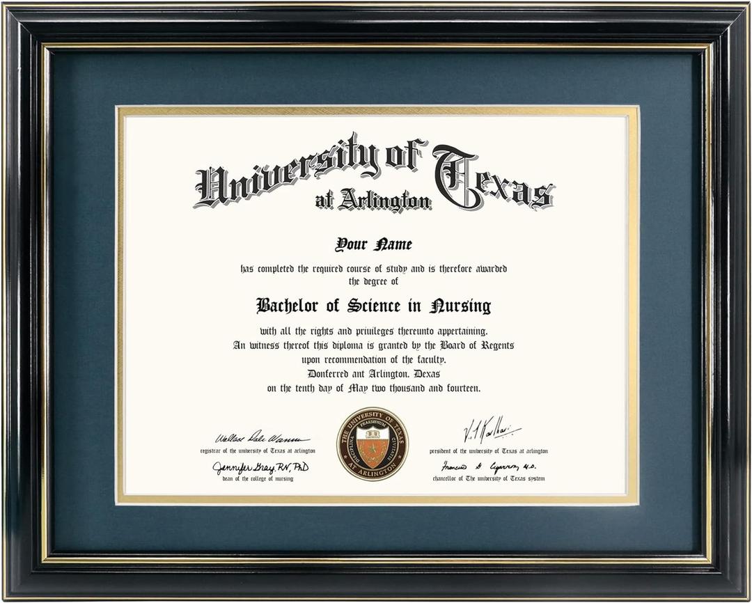 GraduationMall 8.5x11 Diploma Frame with Navy over Gold Mat or Display 11x14 Certificate without Mat,Solid Wood & Tempered Glass,Glossy Black Finish with Gold Trim