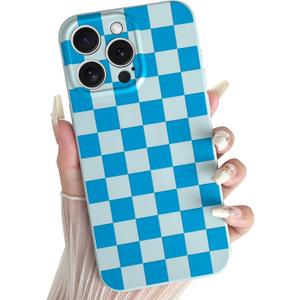 Case for iPhone 14 Pro Max, Cute Checkered Checkerboard Pattern Design Soft TPU Silicone Phone Case with Camera Protection Slim Shockproof Protective Case for Women Girls - Blue