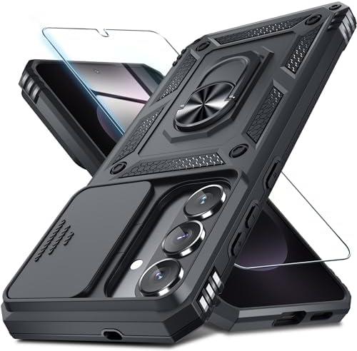 Janmitta Compatible with Samsung Galaxy S26 Case Built in Slide Camera Lens Cover+Screen Protector+Finger Ring Holder Kickstand,Heavy Duty Shockproof Full Body Phone Cover,2026 Black