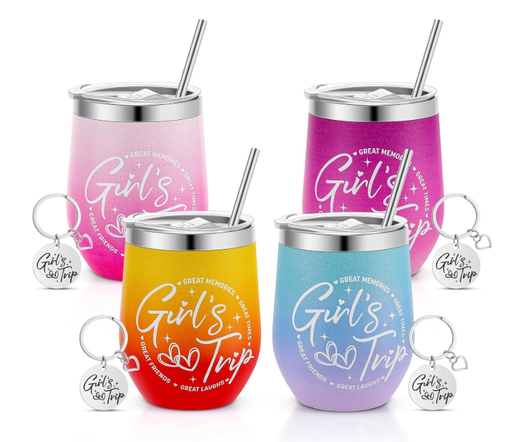 Ovveroche 3 Pack Girl's Trip Tumbler Set with Lids 12 Oz Stainless Steel Travel Wine Tumbler for Girls Women Friendship Travel Weekend Trip Vacation Bachelorette Party Camping Gifts