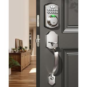 Veise Fingerprint Door Lock Set, Keyless Entry Door Lock, Front Handle Set, Electronic Keypad Deadbolt with Lever Handle, 2 Keys, Auto-Locking, One-time Codes, Easy to Install, Satin Nickel