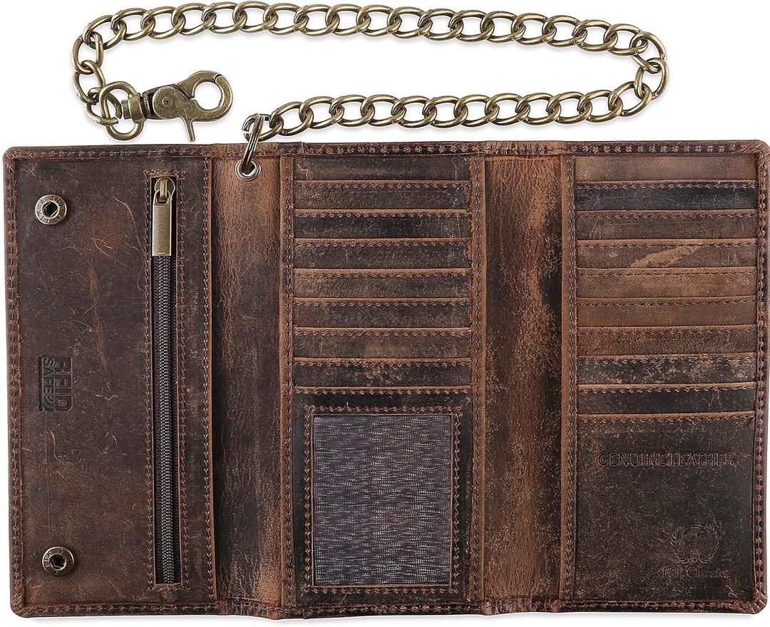 F&L CLASSIC RFID Blocking Mens Tri-fold Long Style Cowhide Leather Steel Chain Wallet, Buffalo Vintage Leather