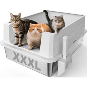 Stainless Steel Litter Box Extra Large for Big Cats Multi-Cats, Jumbo Extra Large Metal Cat Box with High Sided Lid, Anti-Urine Leakage, Non-Stick,Include Litter Scoop (Silver Gray)