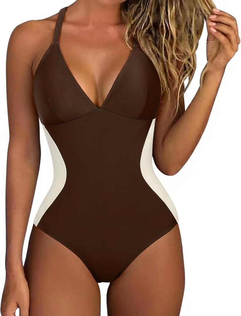 SUUKSESS Women Slimming Tummy Control One Piece Swimsuit Sexy Bathing Suit (Large, Beige Brown)