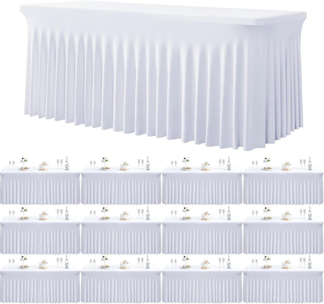 12 Pack White Spandex Tablecloth for 6 Foot Rectangle Tables, Wrinkle Free Fitted Table Cloth Cover 6ft White Stretchy Tablecloths with Skirt for Parties Weddings Birthday Banquet Baby Shower