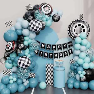 Race Car Balloon Arch Kit  Blue Race Car Party Decorations with Banner, Checkered Flags, Tire & Checkered Foil Balloons for 2nd Birthday, Racing Theme, or Race Car Birthday Party Decorations