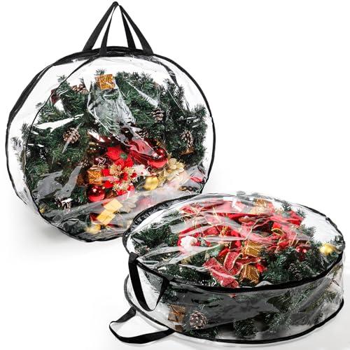 Hedume 1 Pack Wreath Storage Bag, 30" X 8" Clear Everyday Bag, Christmas Wreath Storage Container with Dual Zippered and Reinforced Handle for Holiday Seasonal Wreath Garland