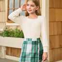 Haloumoning Girls Skirt Sets Fall Outfits Jacquard Long Sleeve Tops Plaid Skirts Shorts 2 Piece Clothing Set, 130cm