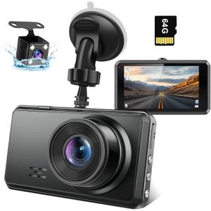 2K Dual Dash Camera for Cars, Free 64G SD Card, FHD 2K+1080P Dash Cam Front and Rear, 3.2'' IPS Screen, 176 Wide Angle Dashcam, 24H Parking Monitor, G-Sensor, Loop Recording, Night Vision, WDR