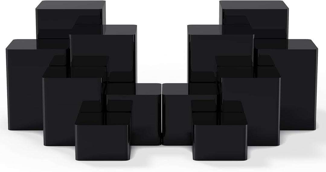 Thyle Jewelry Acrylic Risers Square Cube Display Nesting Risers Figure Stand with Hollow Bottoms Display Stand Shelf for Cosmetics Food Collectibles Perfume, 6 Sizes (Black,12 Pcs)