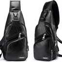 Peicees Leather Sling Bag Mens Crossbody Bag Chest Bag Sling Backpack for Men with USB Charge Port