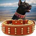 Spiked Leather Dog Collar  Premium Handmade Genuine Leather, 2.2-Inch Wide, Bold Protection and Stylish Design, Ideal for Powerful Breeds- Fiery Orange 18.5-22.5 inches