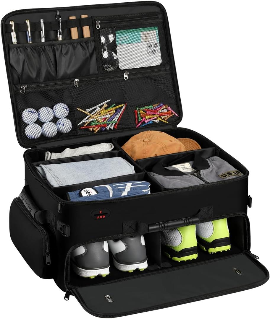 Mogplof Extra Large 2 Layer Golf Trunk Organizer, Golf Gifts for Men Golfers, 20"x 14"x 10" Water-Resistant Car Durable Golf Organizer for 2 Pair Shoes, Balls, Tees, Clothes, Gloves, Accessories (Black)