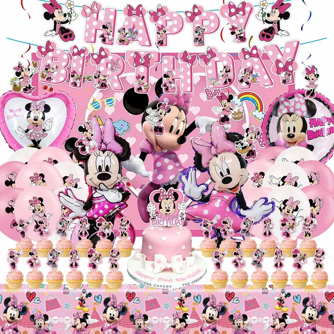 Pink Mouse Birthday Party Decorations Party Balloons, Pink Mouse Party Supplies Include Banner, Hanging Swirls, Foil Balloons, Cake Toppers, Cupcake Toppers, Tablecloth