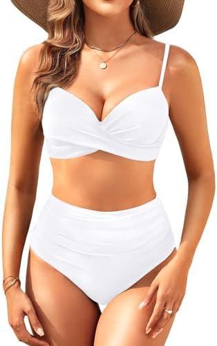 Aqua Eve Women Underwire Bikini High Waisted Bathing Suit Tummy Control Two Piece Swimsuit, XXL, White