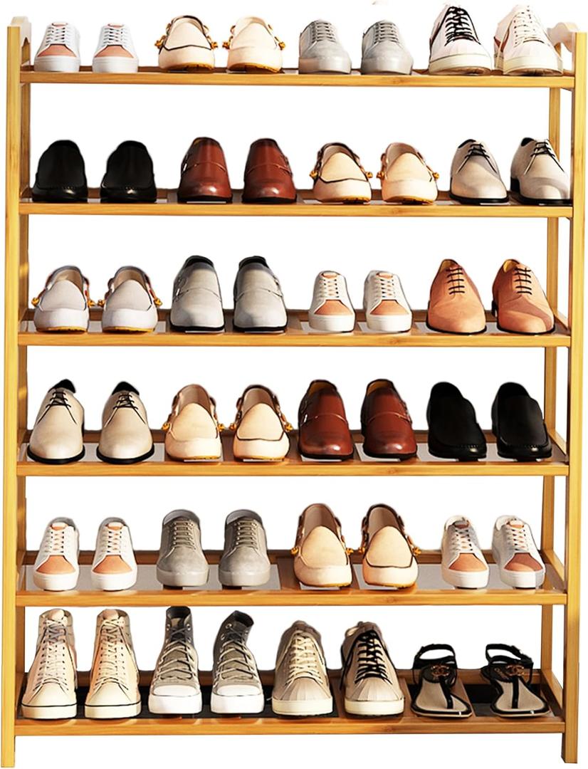 6-Tier Free Standing Shoe Racks, Bamboo Wood Shoe Rack for Entryway & Closet, Holds up to 24 Pairs of Shoes