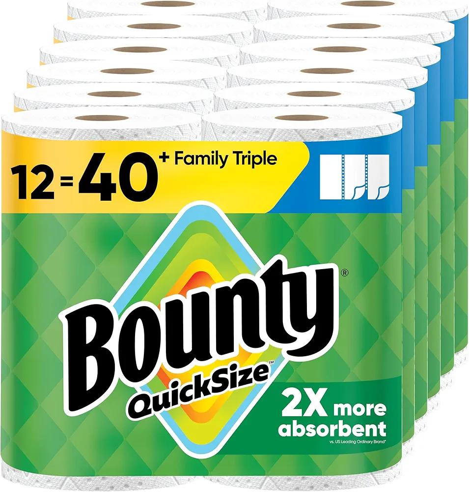 Bounty Quick-Size Paper Towels, White, 12 Family Triple Rolls = 40 Regular Rolls