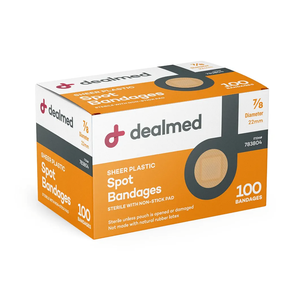 Dealmed Sheer Plastic Spot Bandages – 7/8” Small Round Sterile Strips, Adhesive Outer with Non-Stick Pad, Latex Free, Wound Care for First Aid Kit, 100 per Box (1 Pack)
