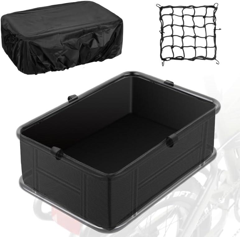 Basket Rear Liner with Waterproof Cover and Adjustable Cargo Net, Heavy Duty Thickened Basket Liner Rear Bicycle Basket Liner Accessory Fits Most Bikes and E-Bike (16.5"X11.8"X5")
