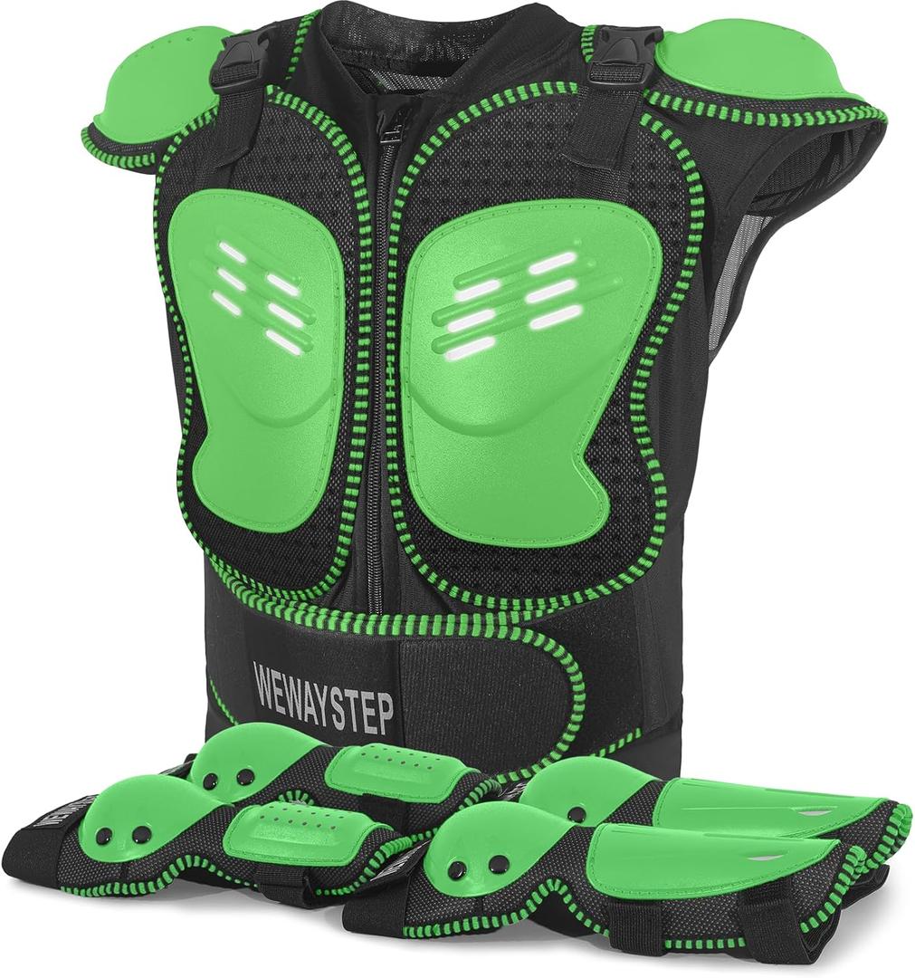Kids Motorcycle Armor Gear Body Armor Vest Suit Chest Back Spine Protector Motocross Dirt Bike Protective Gear with Elbow Knee Protector Pads for MTV ATV Cycling Skateboard Off-Road Racing Skiing (Green)