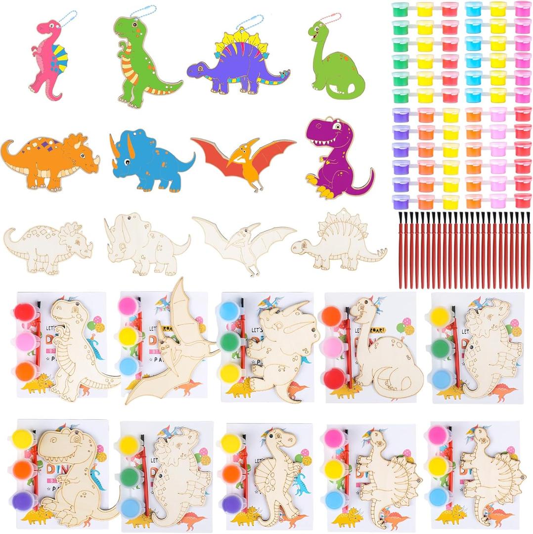 24 Pack Dinosaur Party Favors Painting Toys  Valentines Day Gifts for Kids Birthday Treat Goodie Bag Filler Classroom Exchange Gifts, Dinos Wood Keychain Paint Kits Arts Crafts for Girls Boys