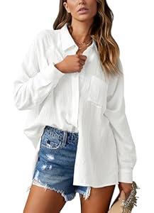AISEW Womens Casual Button Down V Neck Shirts Raglan Long Sleeve Loose Fit Collared Work Blouses Tops with Pocket (White, XL)
