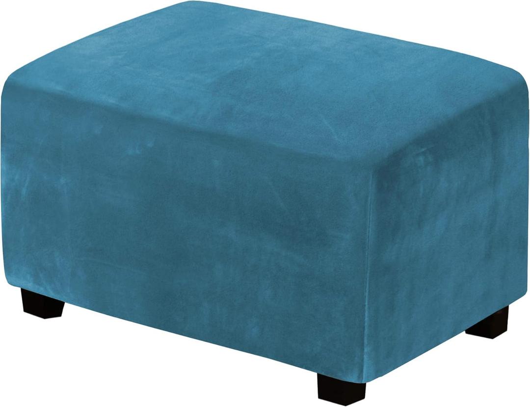 H.VERSAILTEX Real Velvet Plush 1 Piece Form Fit Stretch Rectangle Folding Storage Covers Ottoman Slipcovers Removable Footstool Protect Footrest Covers Elastic Bottom Washable(Large, Peacock Blue)