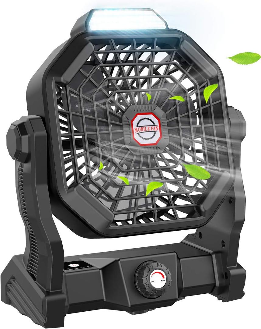 Camping Fan with LED Lantern, 36 Hours 9 Inch Portable Rechargeable Battery Powered Fan with Stepless Speed and Quiet Battery Operated for Picnic, Barbecue, Fishing, Travel, Home, Tent (10400 mAh, Black)