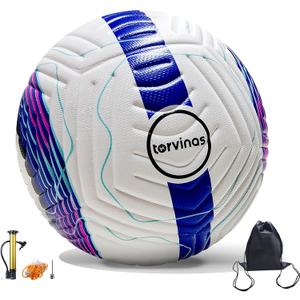 Soccer Ball Size 5 with Pump, Waterproof PU Leather - Professional Training & Official Match Ball, Includes Inflation Needle & Net Storage Bag for Outdoor & Indoor Games (Blue and white)