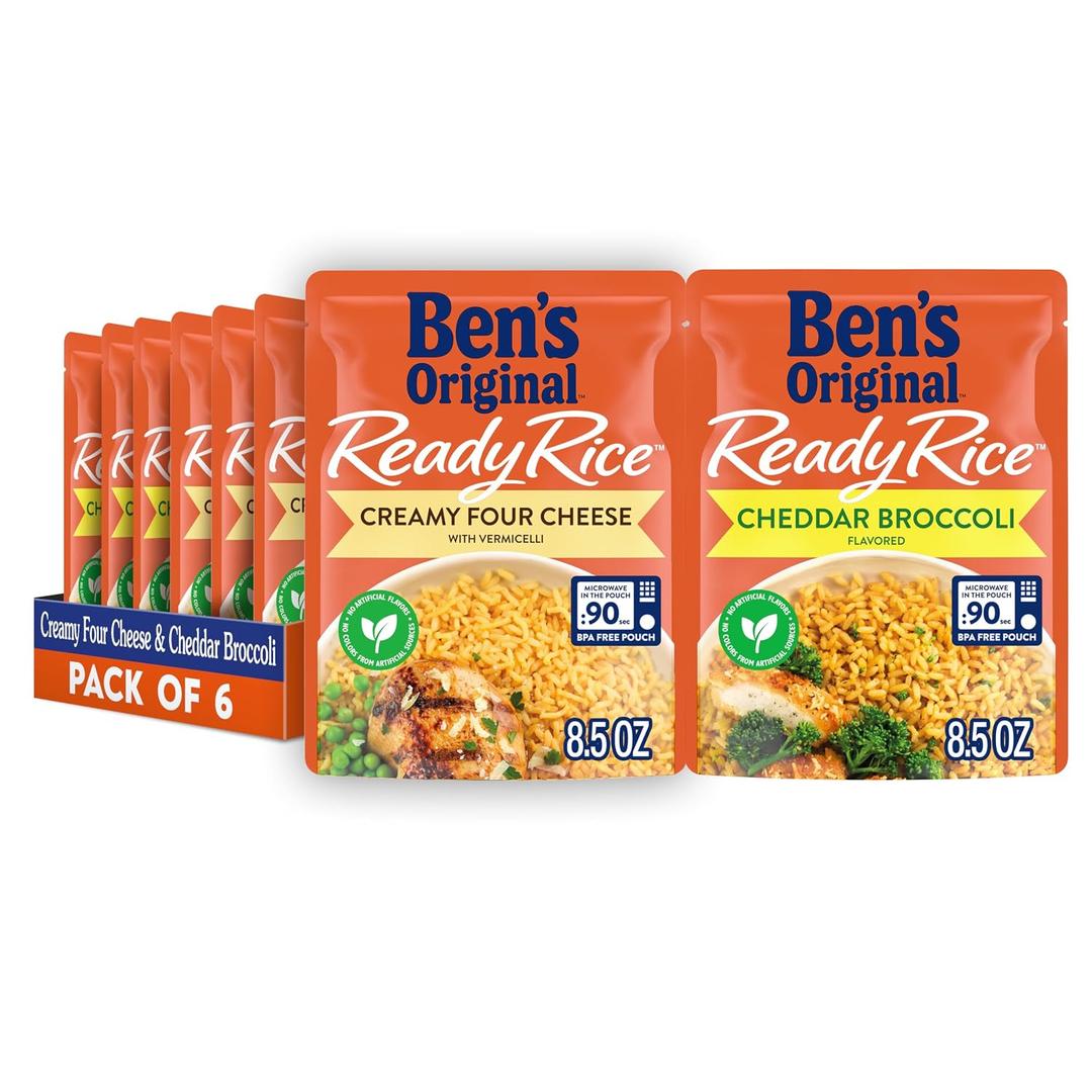BEN'S ORIGINAL Ready Rice Creamy Four Cheese and Cheddar Broccoli Variety Pack, Easy Dinner Sides, 8.5 OZ Pouch (Pack of 6) (EXP 01/30/27)