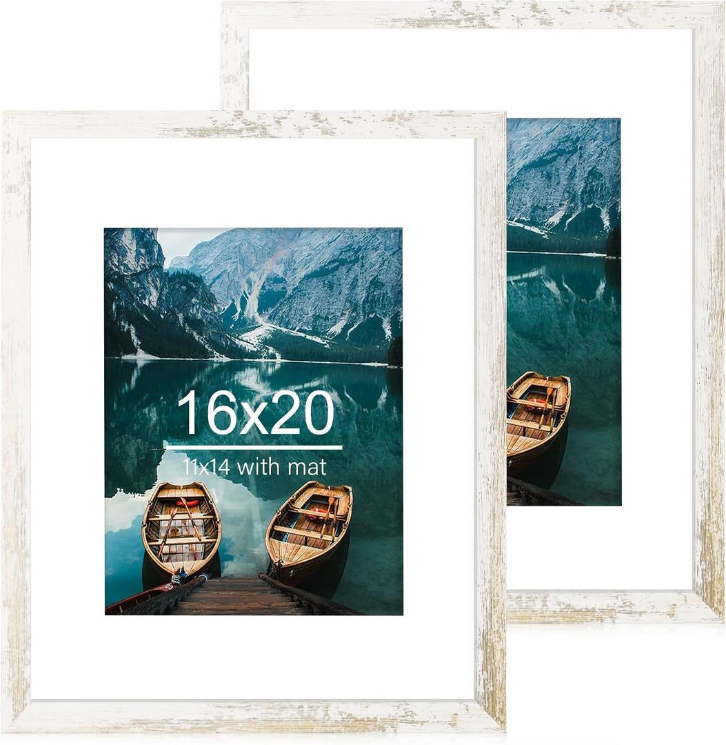 Hongkee 16x20 Frames Set of 2, Distressed White Wood Style - Display 16 x 20 Picture without Mat or 11x14 Picture with Mat, Wall Mounting Horizontal and Vertical